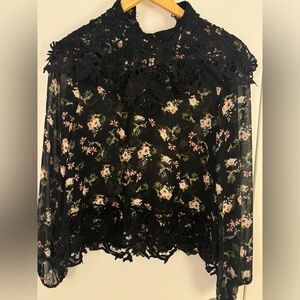 Zara high neck black floral embroidered long sleeve top.